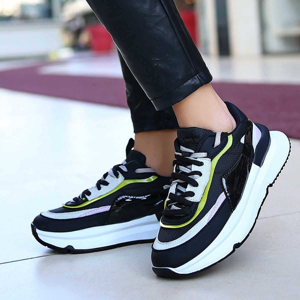 Alehi Premium Siyah Lila Çift Bağcıklı Kadın Sneaker