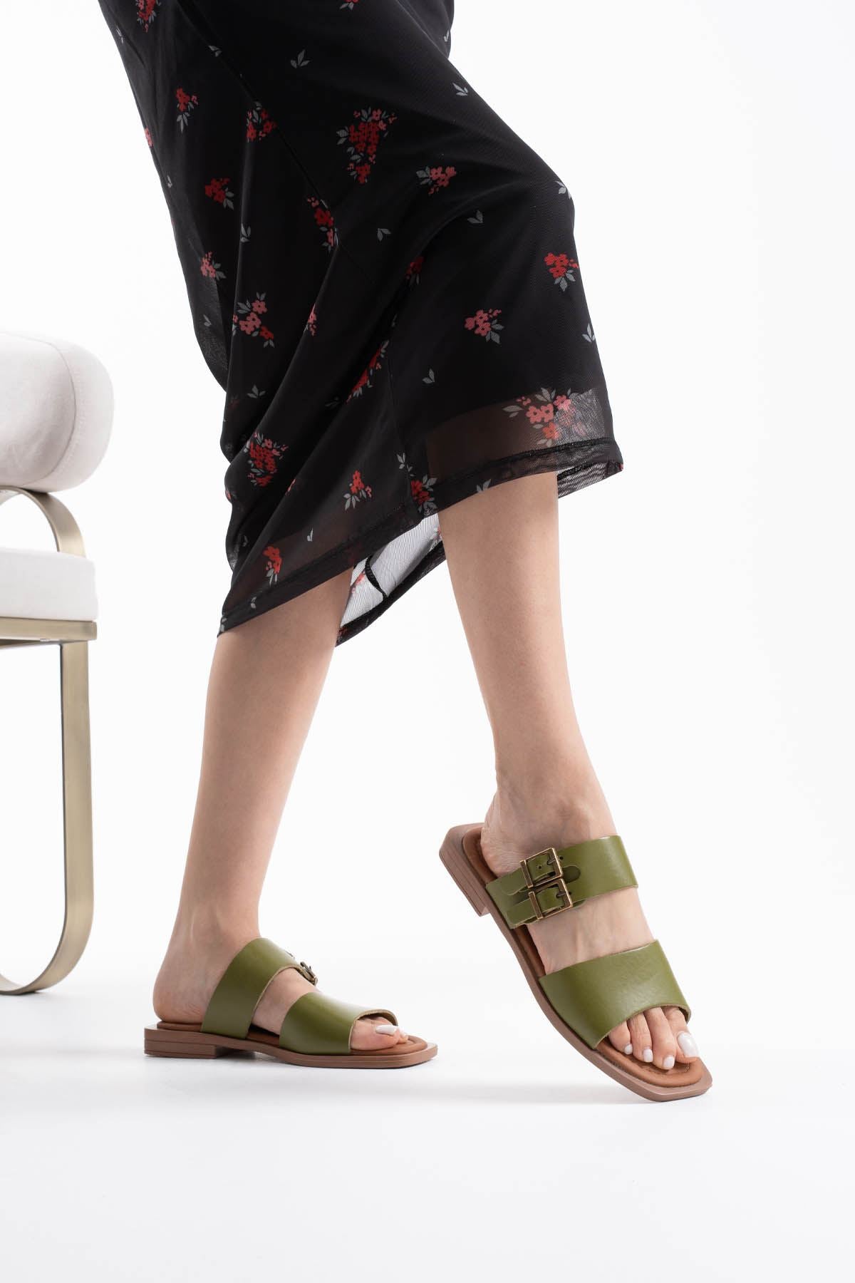 Alessi Premium Khaki Green Genuine Leather Slippers