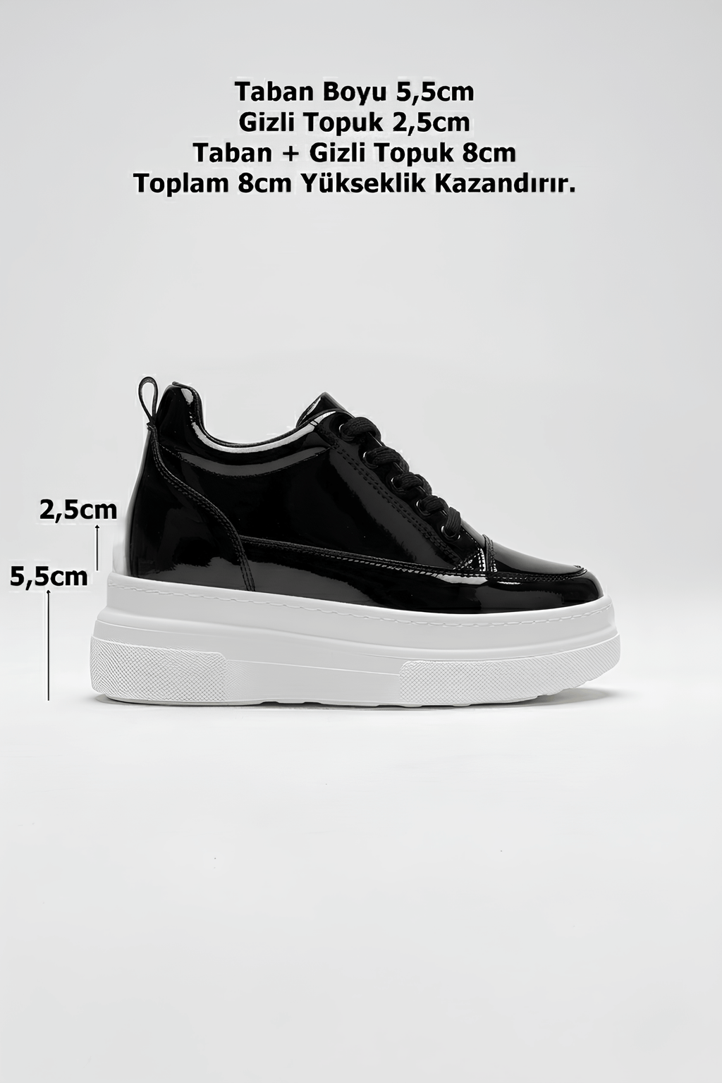 Alexis Premium 8 cm Gizli Topuk Rugan Siyah Beyaz Kadın Spor Ayakkabı