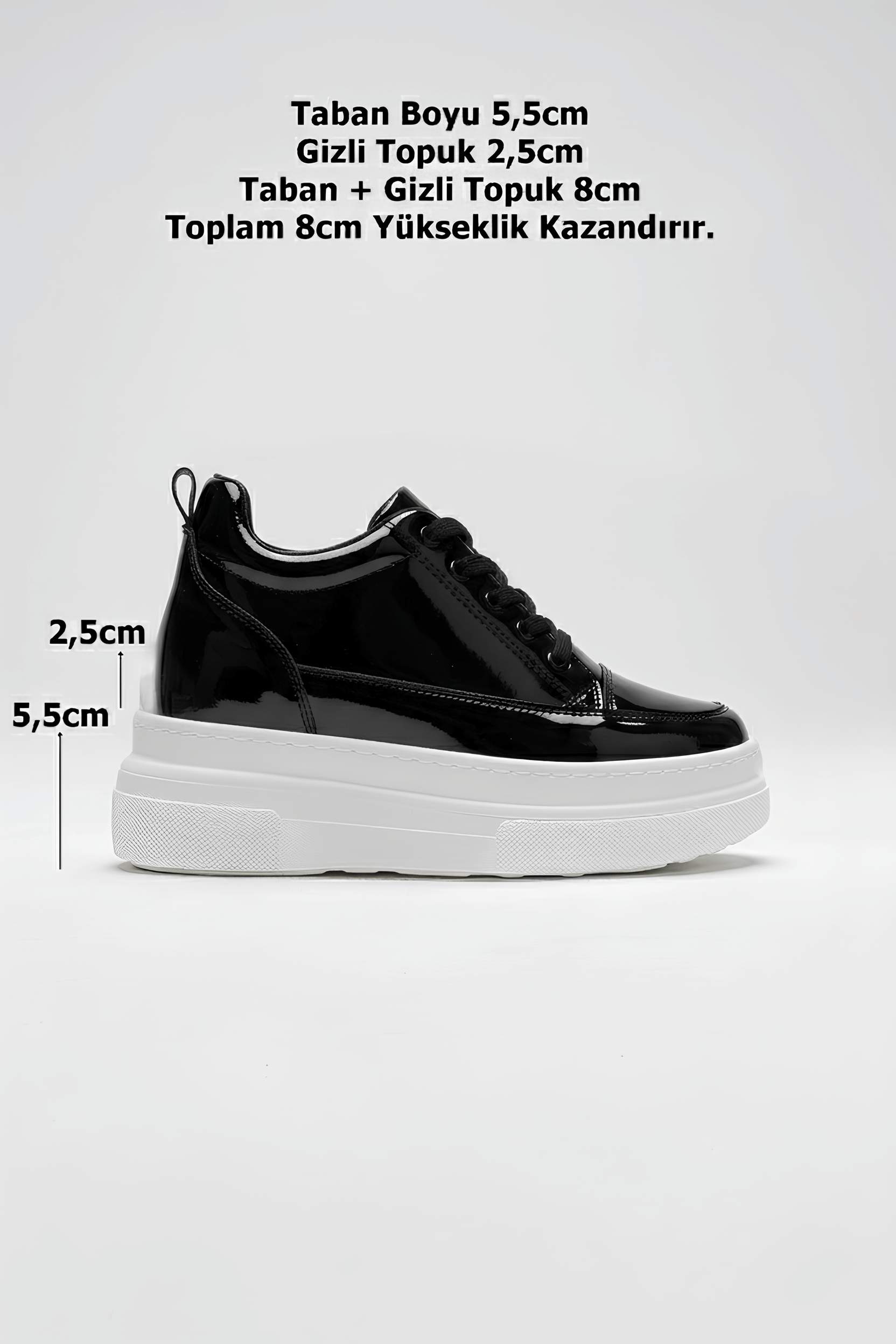 Alexis Premium 8 cm Gizli Topuk Rugan Siyah Beyaz Kadın Spor Ayakkabı