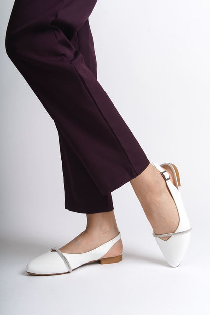 ALLISON Buckled Orthopedic Comfortable Stone Detailed Women's White Ballerinas