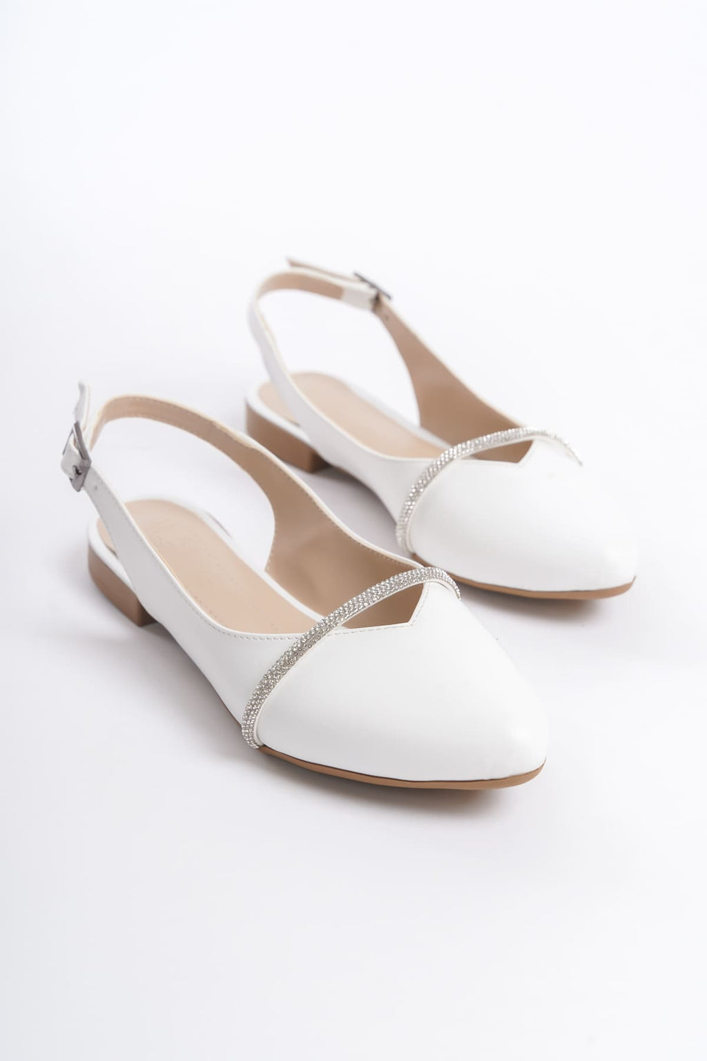 ALLISON Buckled Orthopedic Comfortable Stone Detailed Women's White Ballerinas