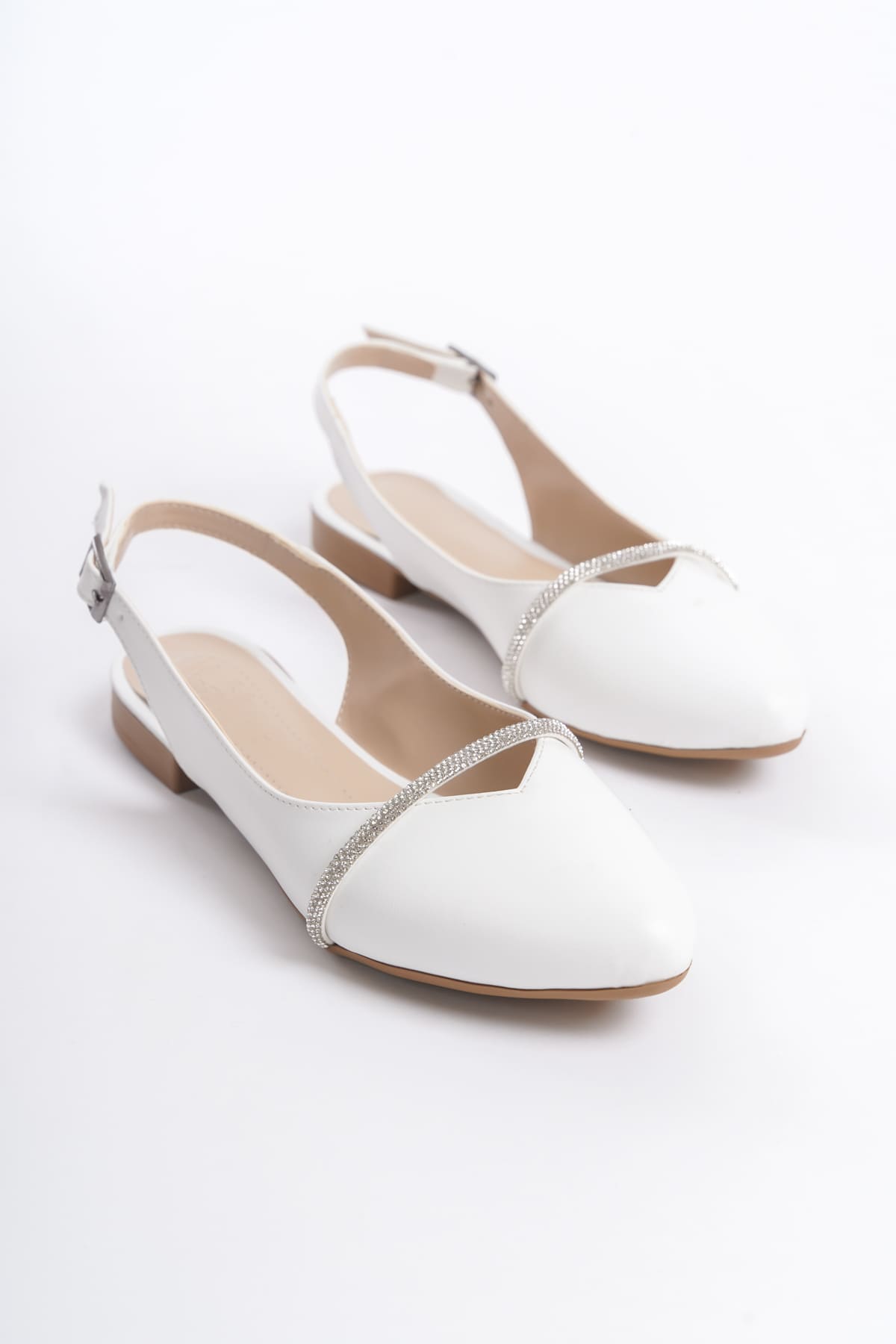 ALLISON Buckled Orthopedic Comfortable Stone Detailed Women's White Ballerinas