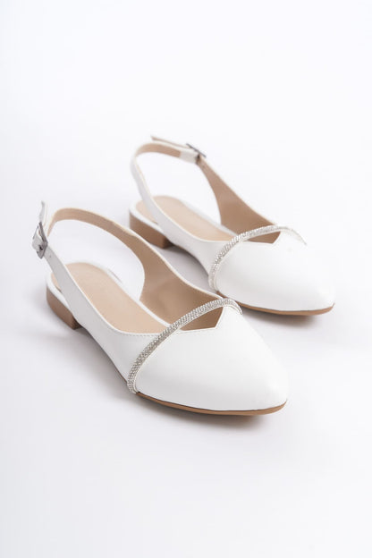 ALLISON Buckled Orthopedic Comfortable Stone Detailed Women's White Ballerinas