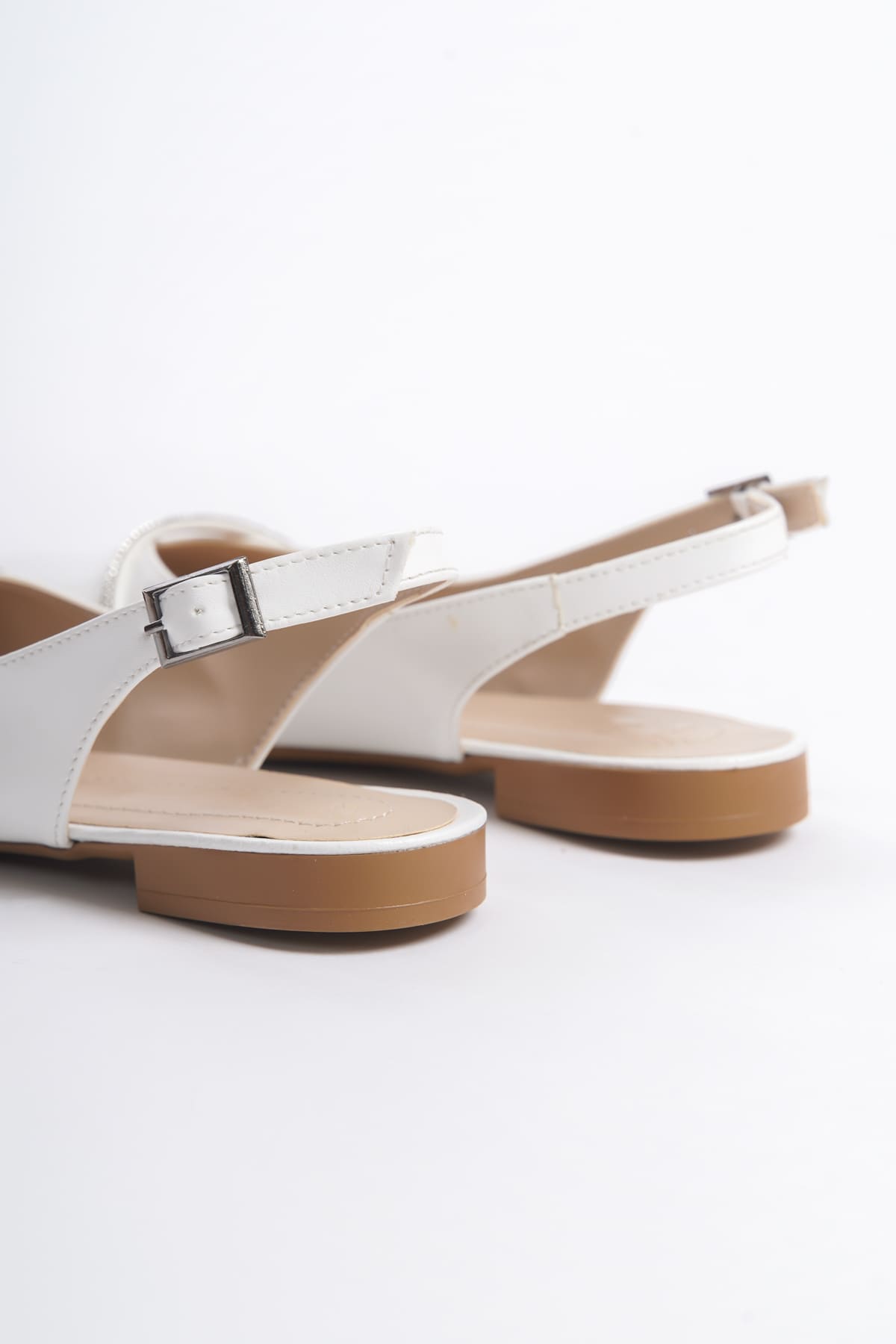ALLISON Buckled Orthopedic Comfortable Stone Detailed Women's White Ballerinas