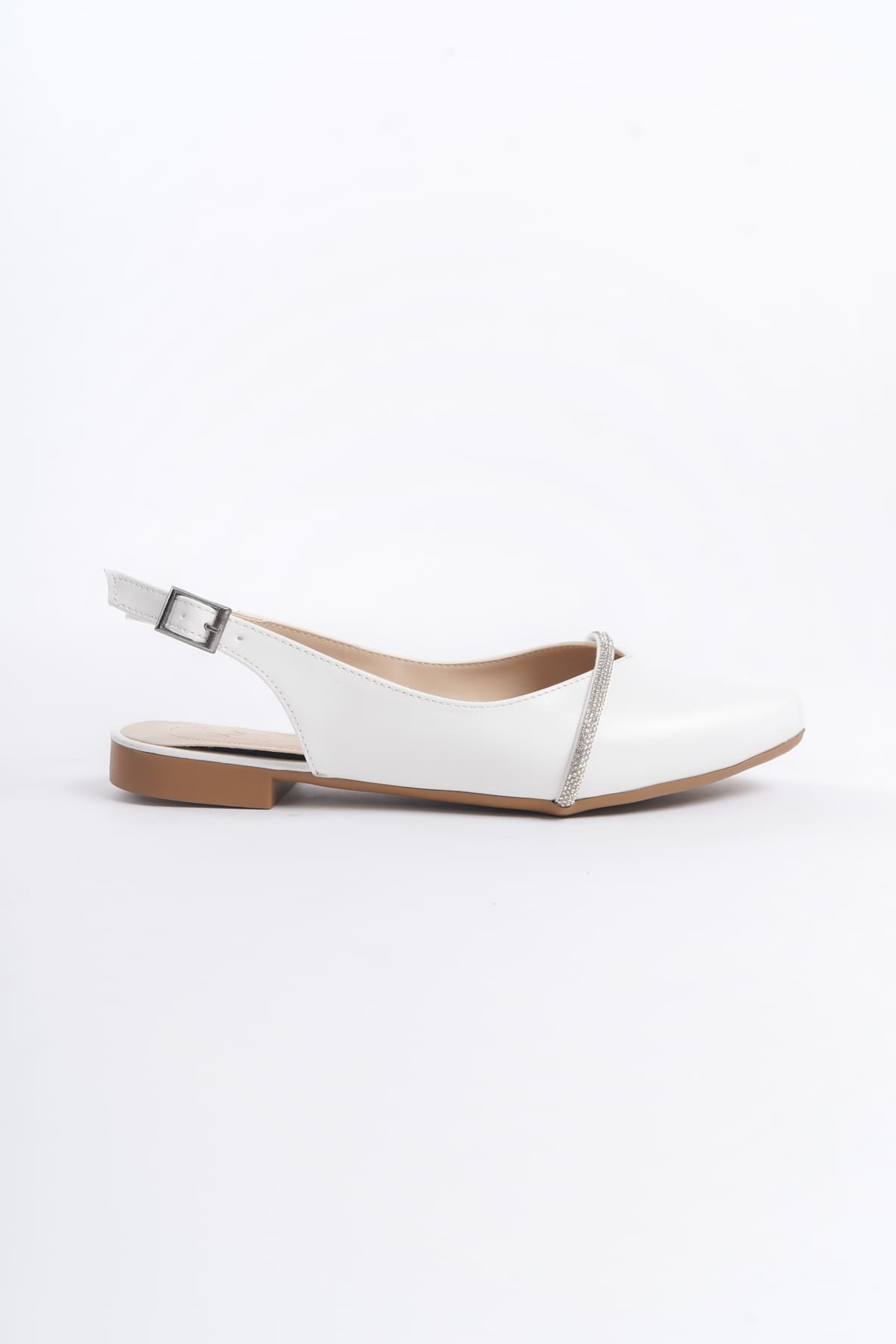 ALLISON Buckled Orthopedic Comfortable Stone Detailed Women's White Ballerinas