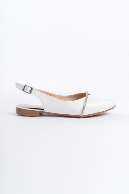 ALLISON Buckled Orthopedic Comfortable Stone Detailed Women's White Ballerinas