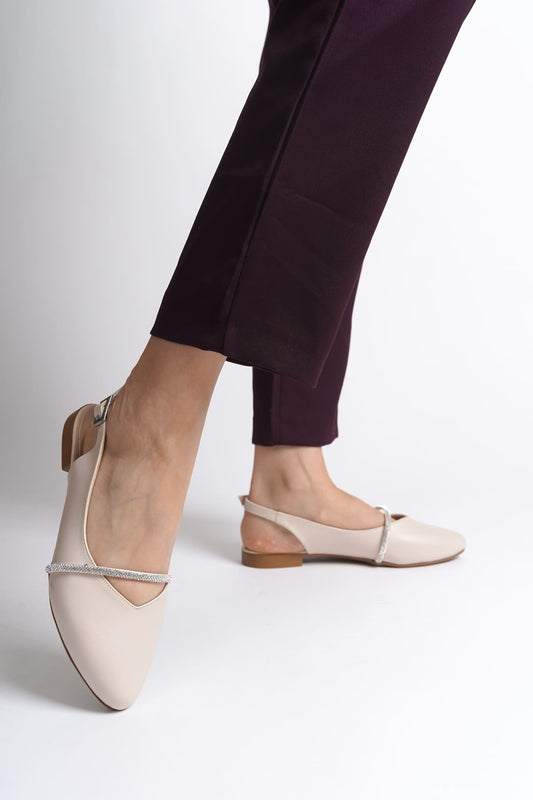 ALLISON Buckled Orthopedic Comfortable Stone Detailed Women's Cream Ballerinas