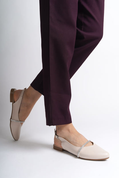 ALLISON Buckled Orthopedic Comfortable Stone Detailed Women's Cream Ballerinas