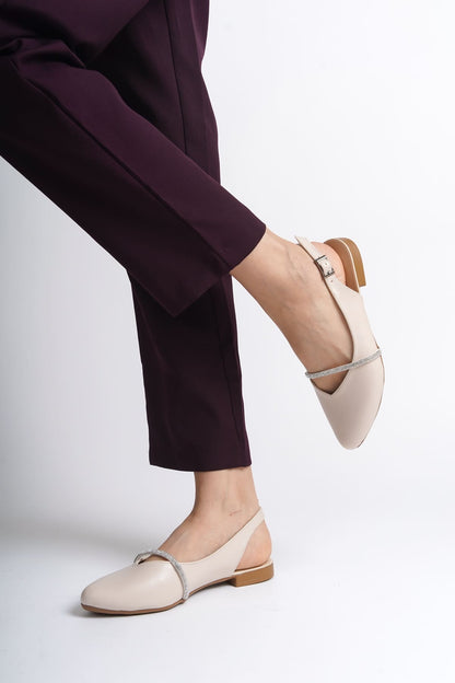 ALLISON Buckled Orthopedic Comfortable Stone Detailed Women's Cream Ballerinas