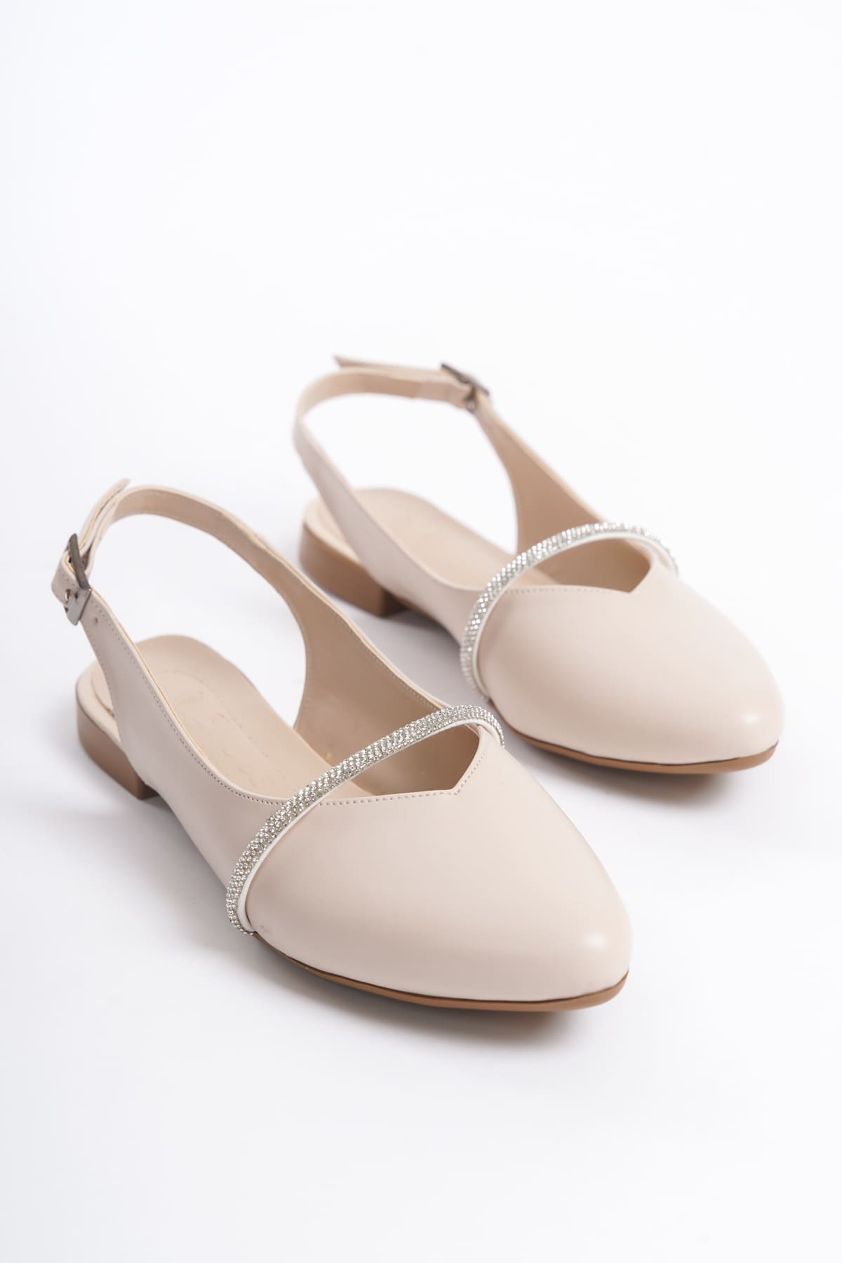 ALLISON Buckled Orthopedic Comfortable Stone Detailed Women's Cream Ballerinas