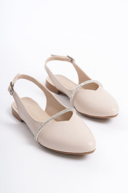 ALLISON Buckled Orthopedic Comfortable Stone Detailed Women's Cream Ballerinas