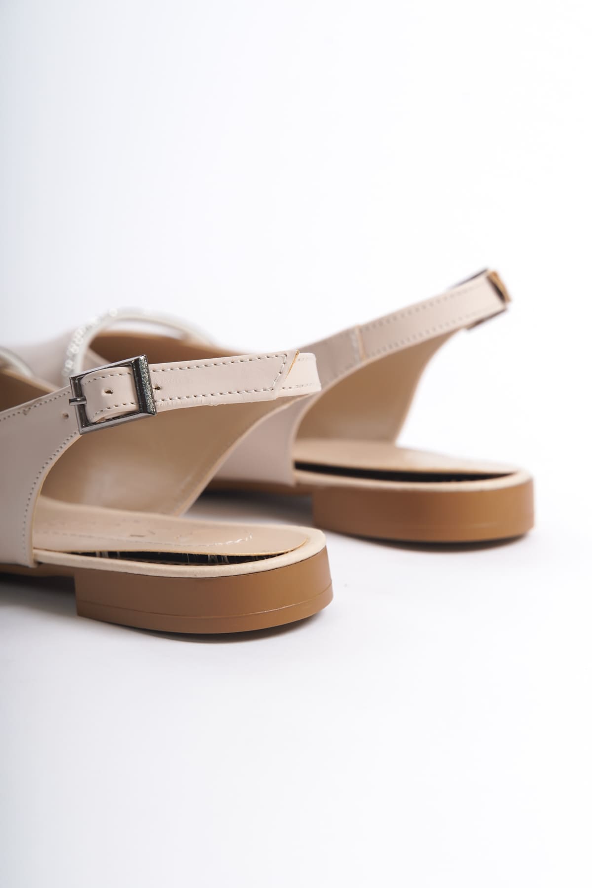 ALLISON Buckled Orthopedic Comfortable Stone Detailed Women's Cream Ballerinas
