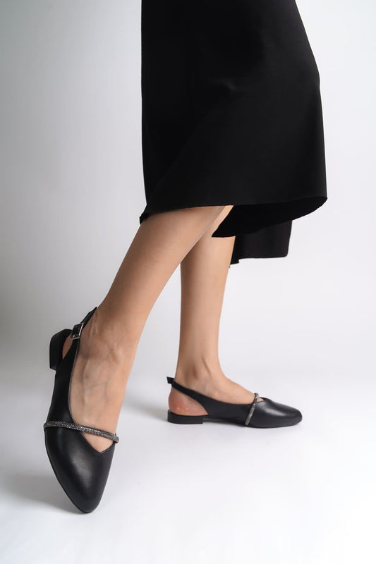 ALLISON Buckled Orthopedic Comfortable Stone Detailed Women's Black Ballerinas