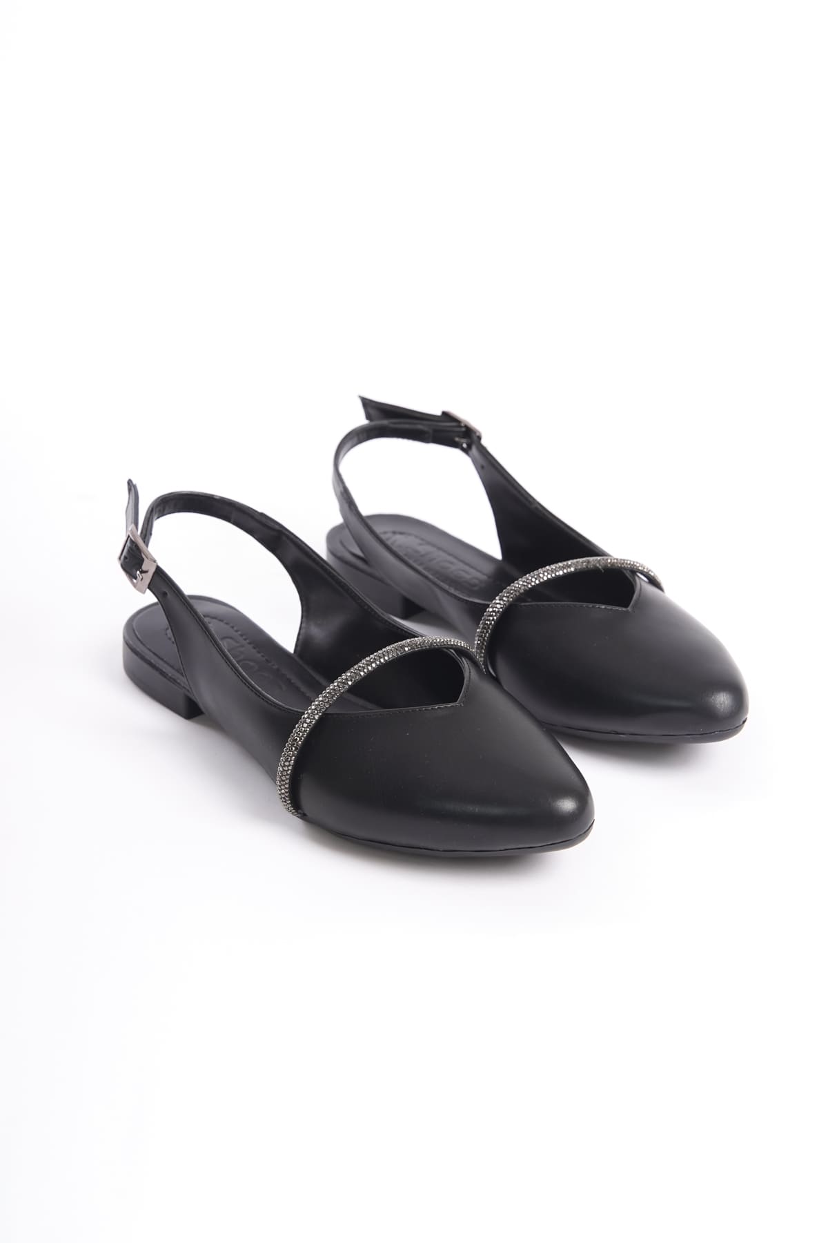 ALLISON Buckled Orthopedic Comfortable Stone Detailed Women's Black Ballerinas