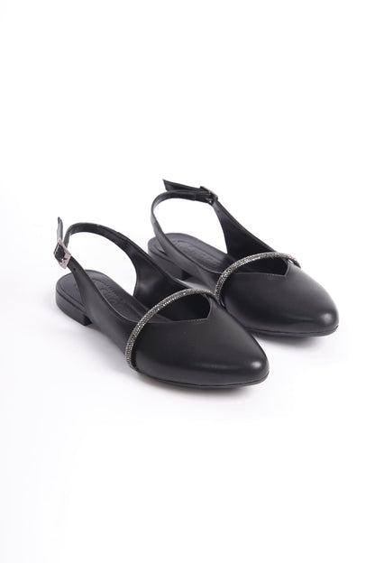ALLISON Buckled Orthopedic Comfortable Stone Detailed Women's Black Ballerinas