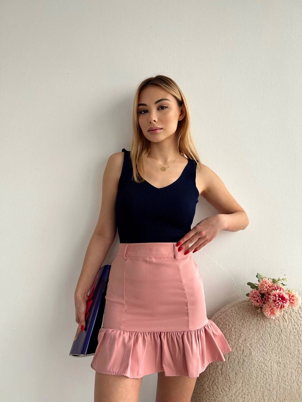 Altı Fırfırlı Mini Etek Pudra