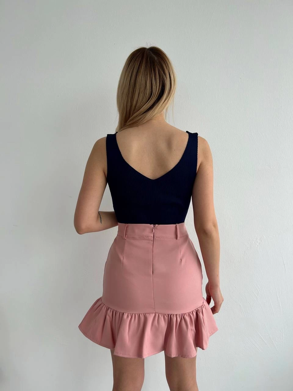 Altı Fırfırlı Mini Etek Pudra