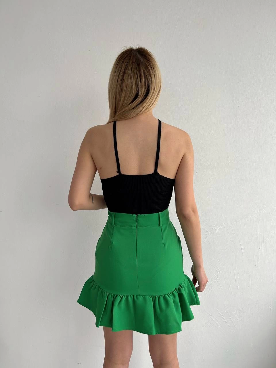 Altı Fırfırlı Mini Etek Yeşil