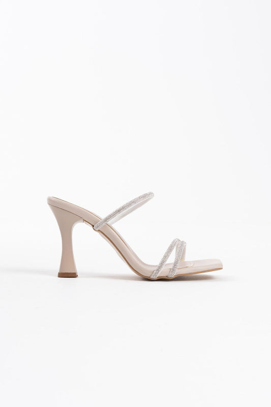 Alvina Premium Beige Stoned Thin Strapped Women's Heeled Slippers
