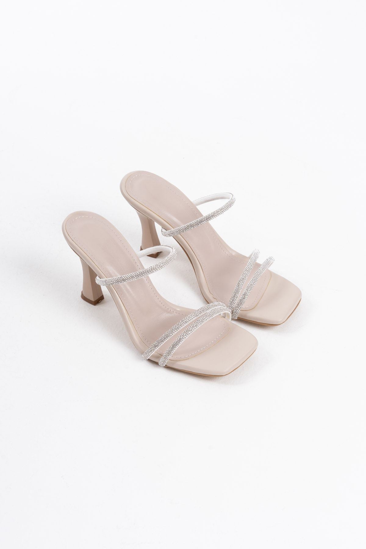 Alvina Premium Beige Stoned Thin Strapped Women's Heeled Slippers