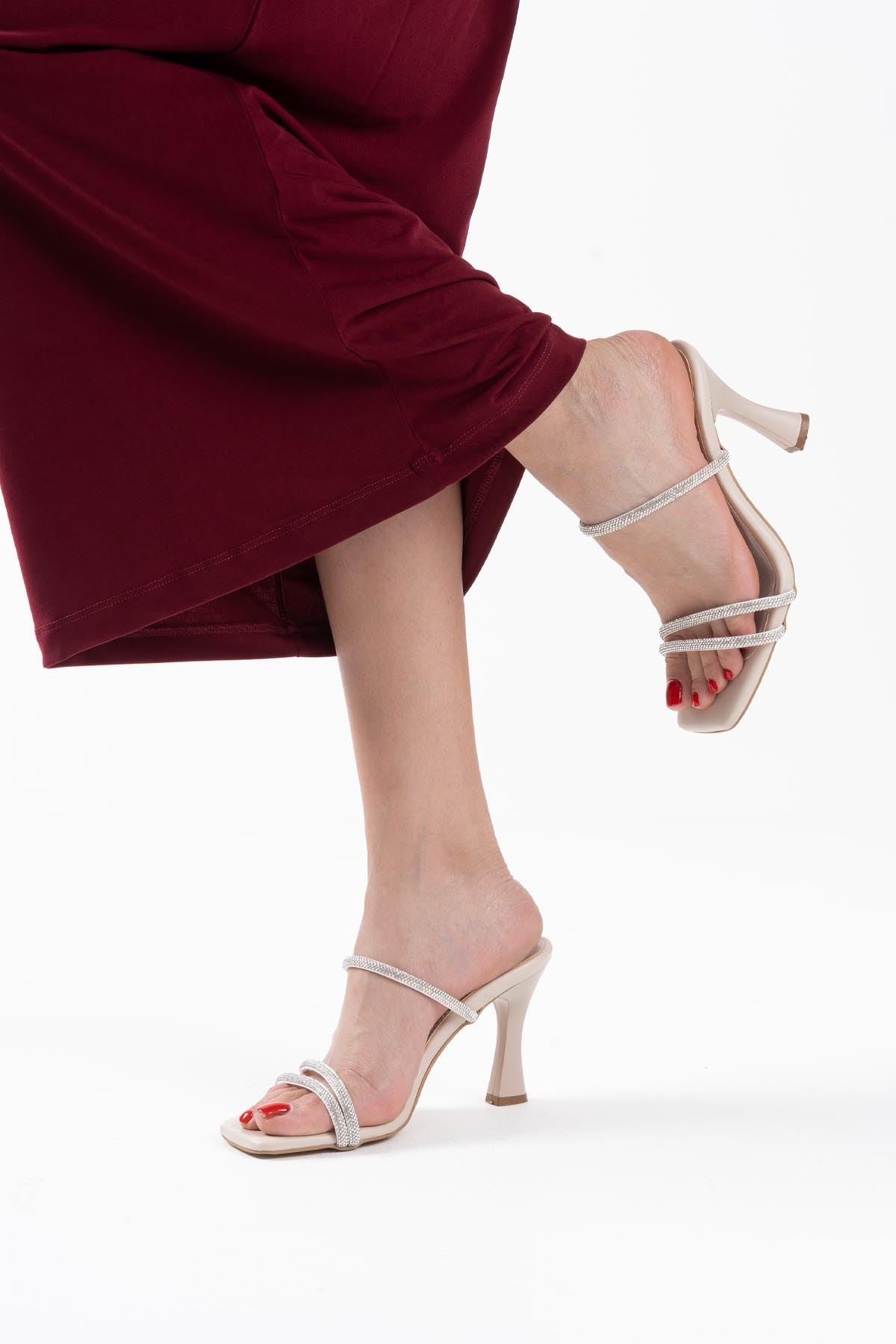 Alvina Premium Beige Stoned Thin Strapped Women's Heeled Slippers