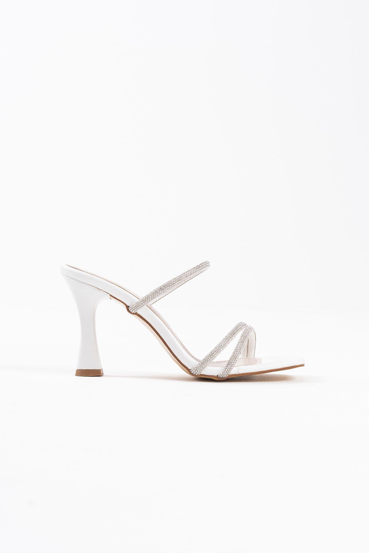 Alvina Premium White Stone Thin Strappy Women's Heeled Slippers