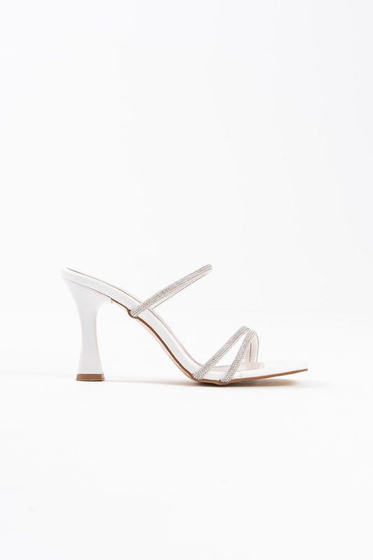 Alvina Premium White Stone Thin Strappy Women's Heeled Slippers