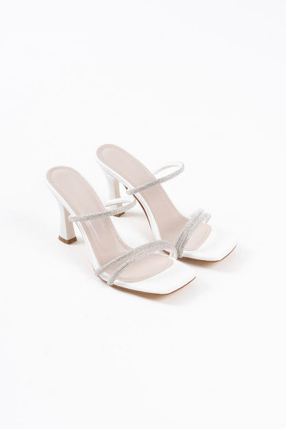 Alvina Premium White Stone Thin Strappy Women's Heeled Slippers