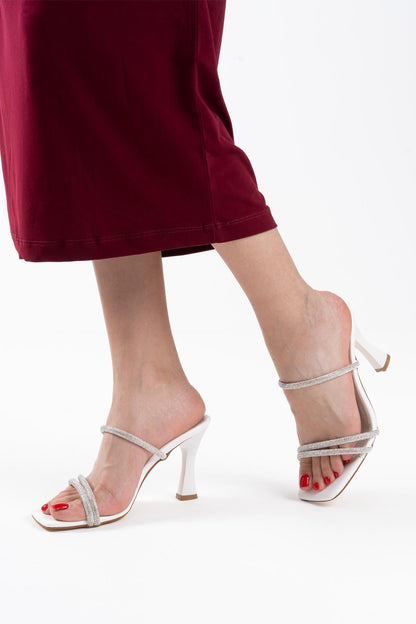 Alvina Premium White Stone Thin Strappy Women's Heeled Slippers