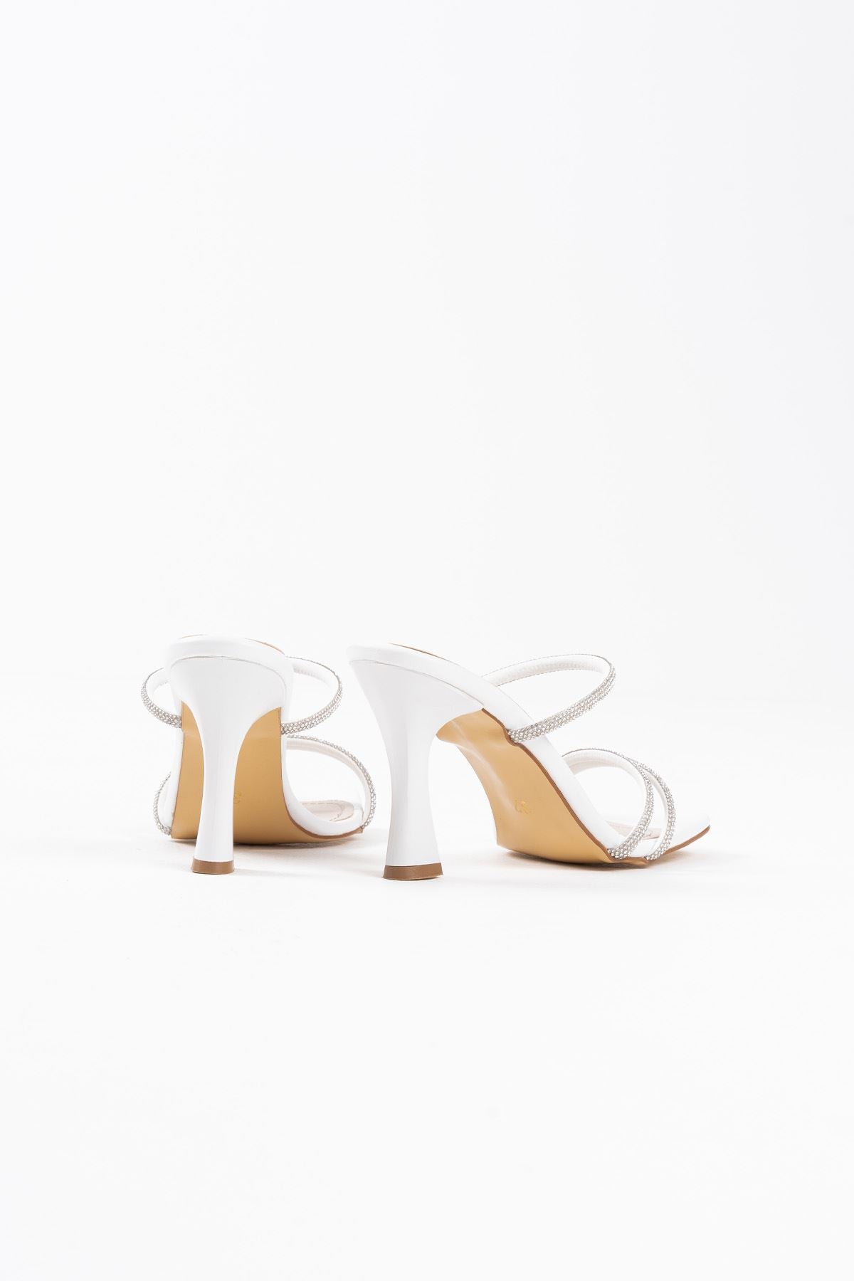 Alvina Premium White Stone Thin Strappy Women's Heeled Slippers