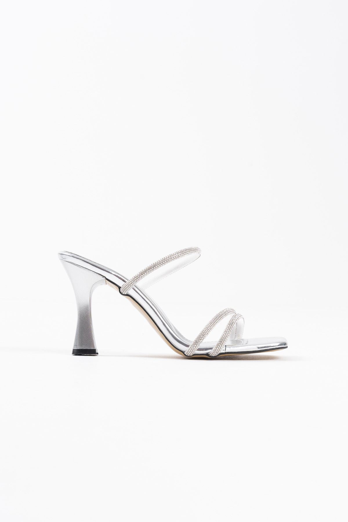 Alvina Premium Silver Mirror Stone Women's Heeled Slippers
