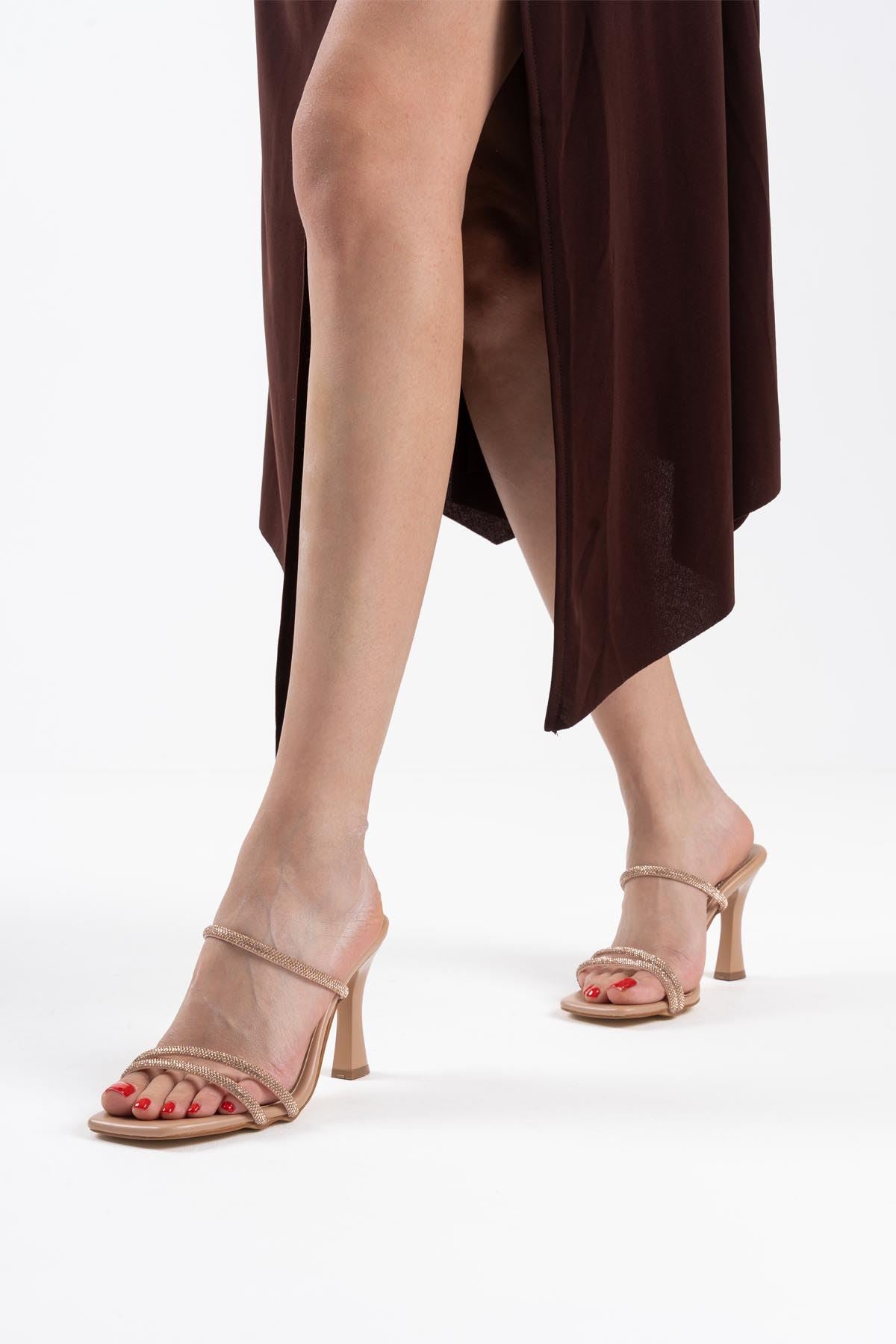 Alvina Premium Nude Stoned Thin Strapped Women's Heeled Slippers