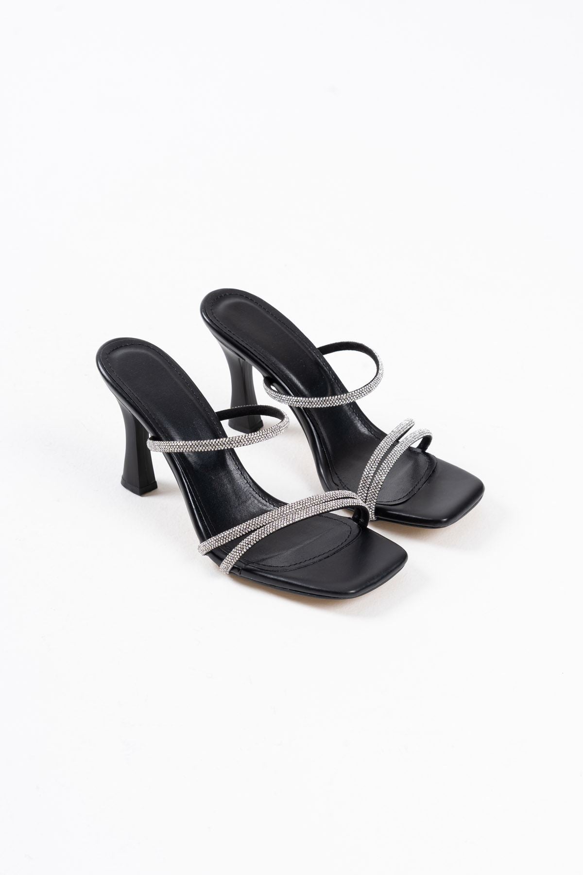 Alvina Premium Black Stoned Thin Strappy Women's Heeled Slippers