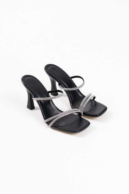Alvina Premium Black Stoned Thin Strappy Women's Heeled Slippers