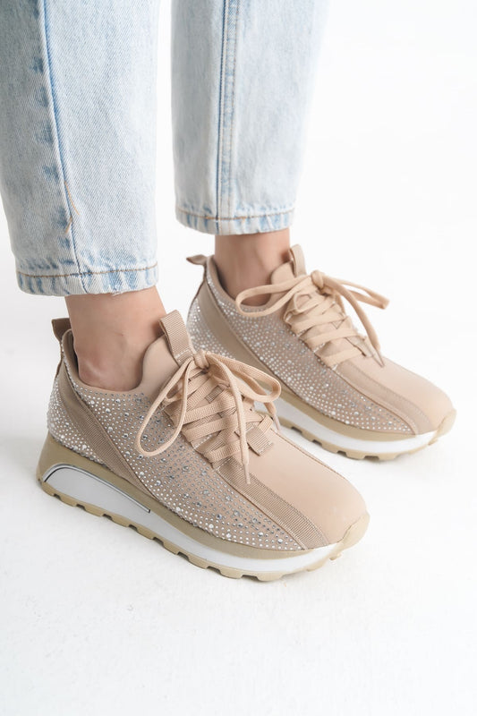 ALYA Laced Orthopedic Sole Stoned Women's Sneaker - Cream