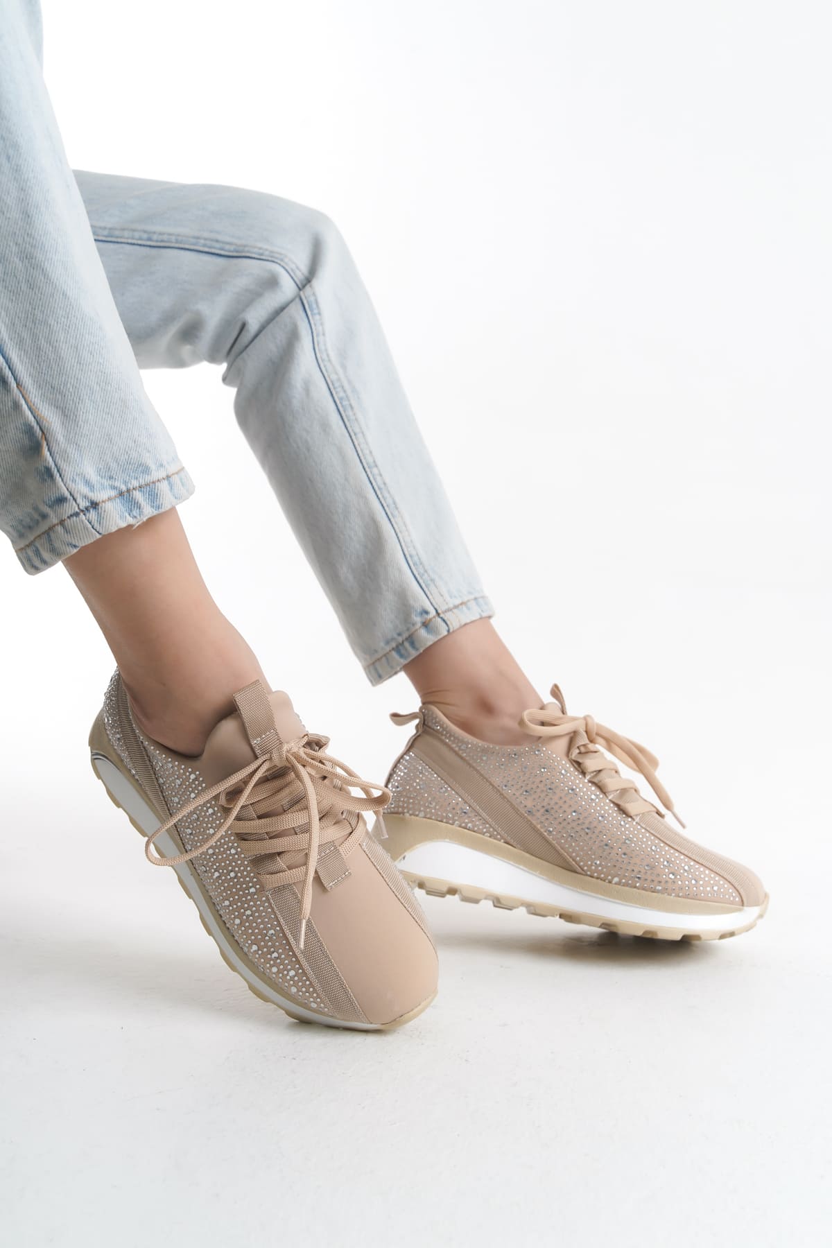 ALYA Laced Orthopedic Sole Stoned Women's Sneaker - Cream