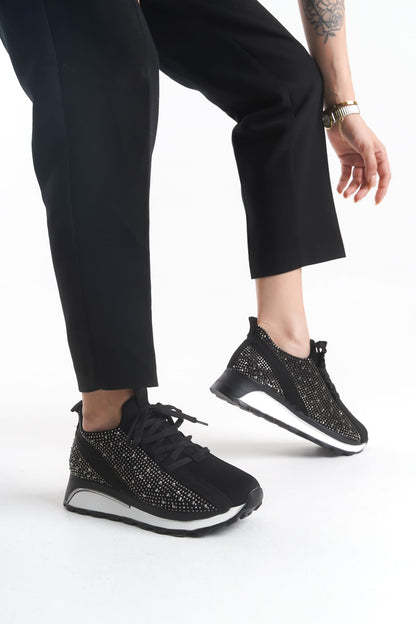 ALYA Laced Orthopedic Sole Stoned Women's Sneaker - Black