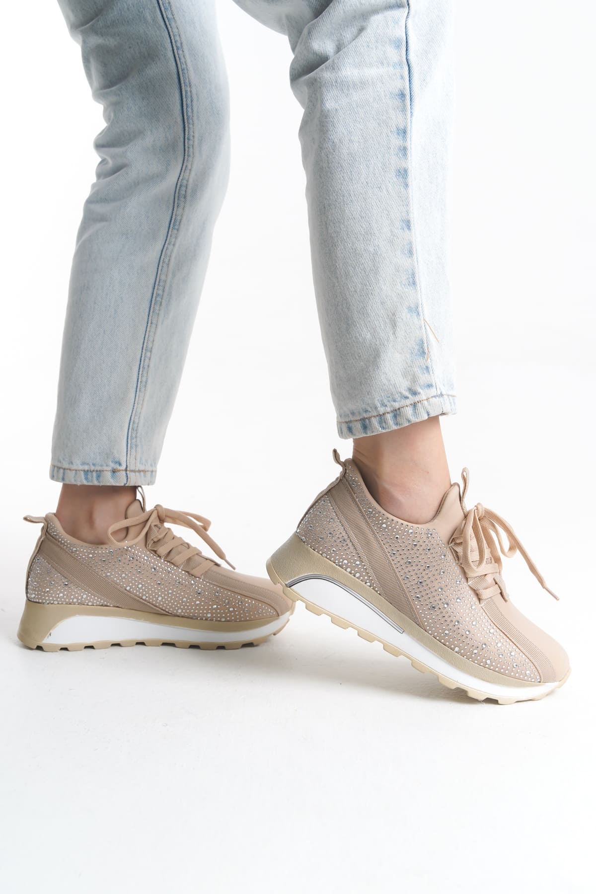 ALYA Laced Orthopedic Sole Stoned Women's Sneaker - Cream