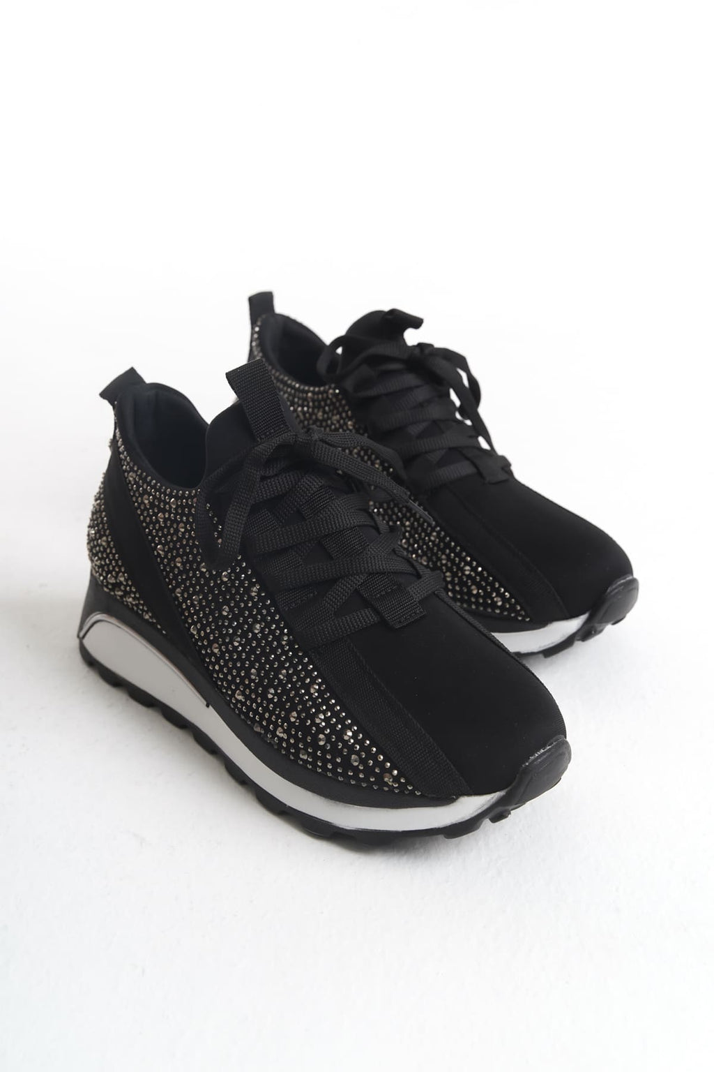 ALYA Bağcıklı Ortopedik Taban Taşlı Kadın Sneaker Spor Ayakkabı - Siyah