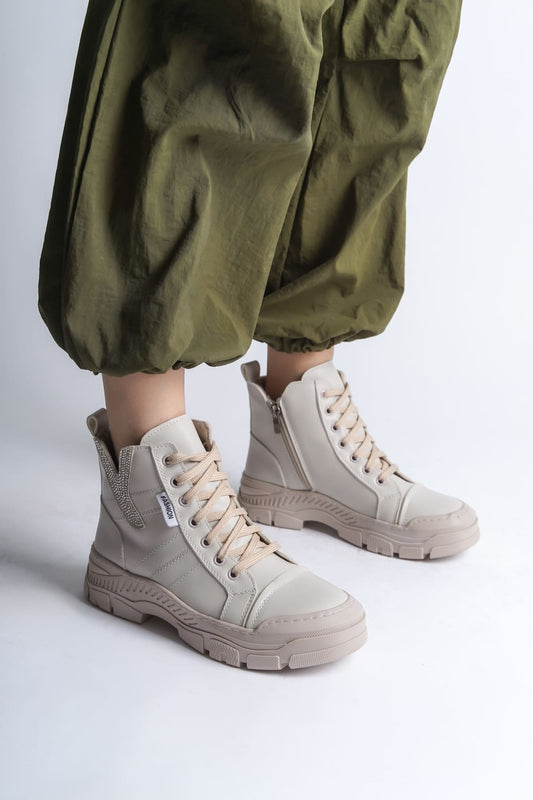 AMBER Lace-Up Zippered Orthopedic Sole Women's Boots - Cream