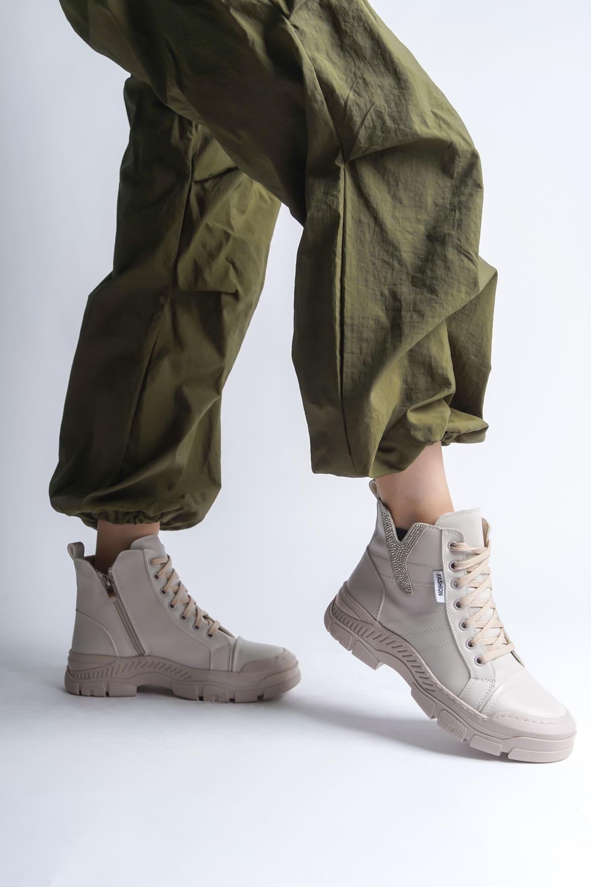 AMBER Lace-Up Zippered Orthopedic Sole Women's Boots - Cream