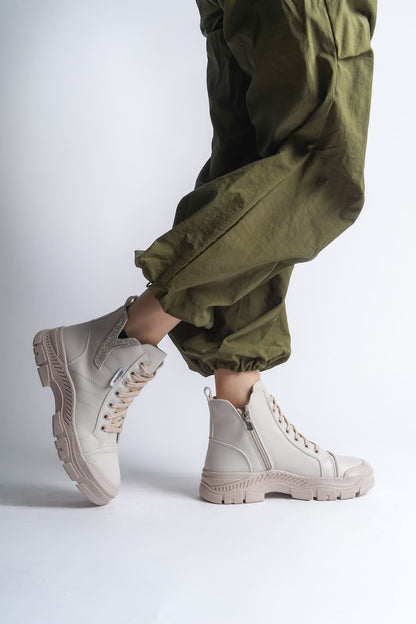 AMBER Lace-Up Zippered Orthopedic Sole Women's Boots - Cream