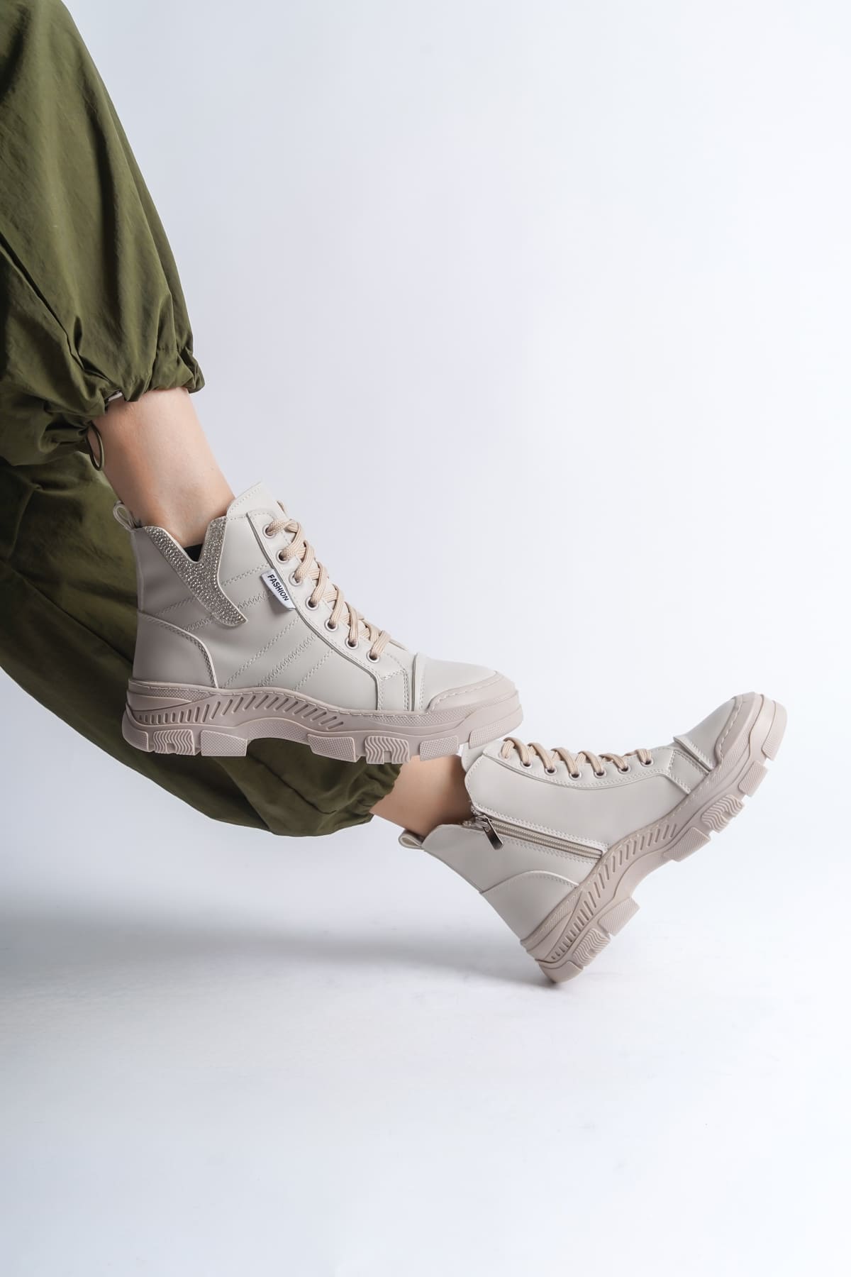 AMBER Lace-Up Zippered Orthopedic Sole Women's Boots - Cream