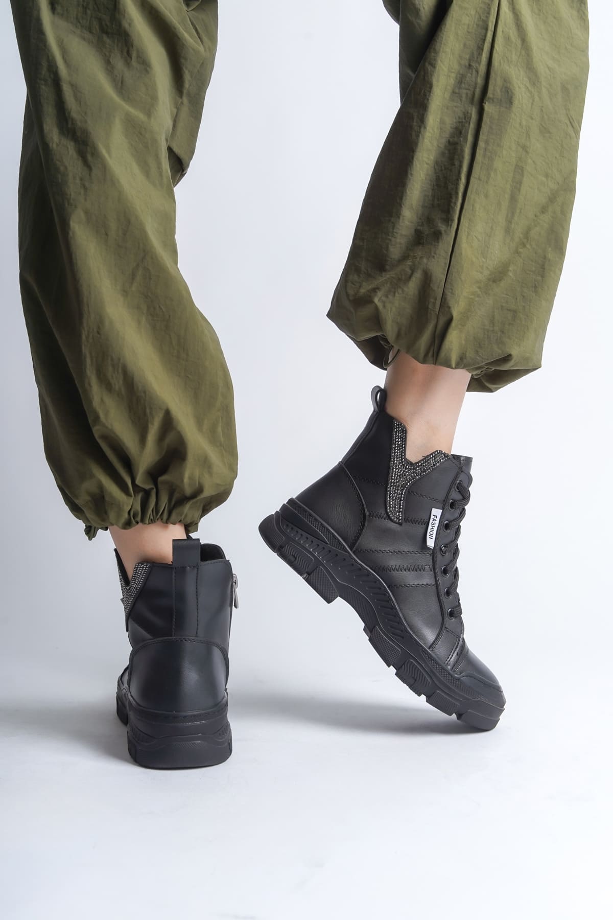 AMBER Lace-Up Zippered Orthopedic Sole Women's Boots - Black