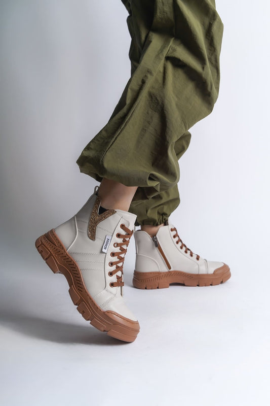 AMBER Lace-Up Zippered Orthopedic Sole Women's Boots - Cream Tan