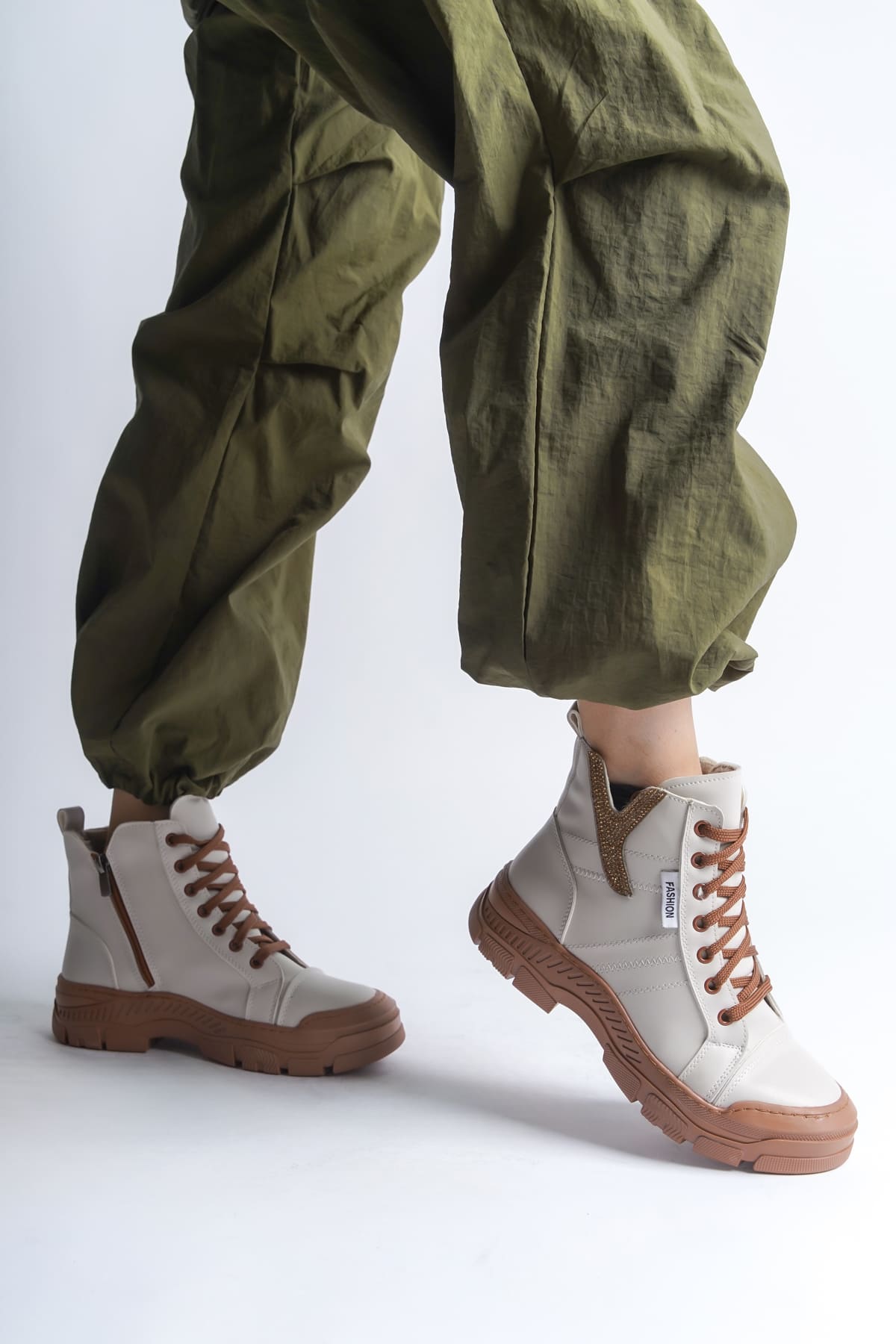 AMBER Lace-Up Zippered Orthopedic Sole Women's Boots - Cream Tan
