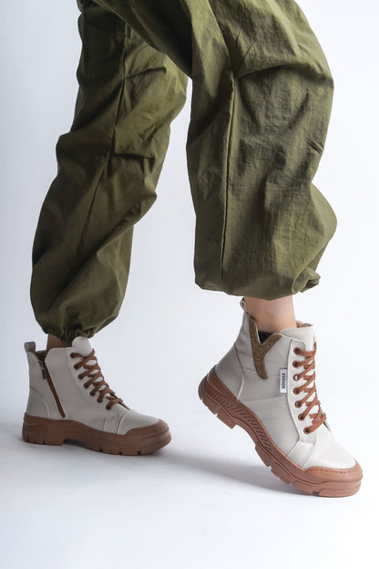 AMBER Lace-Up Zippered Orthopedic Sole Women's Boots - Cream Tan