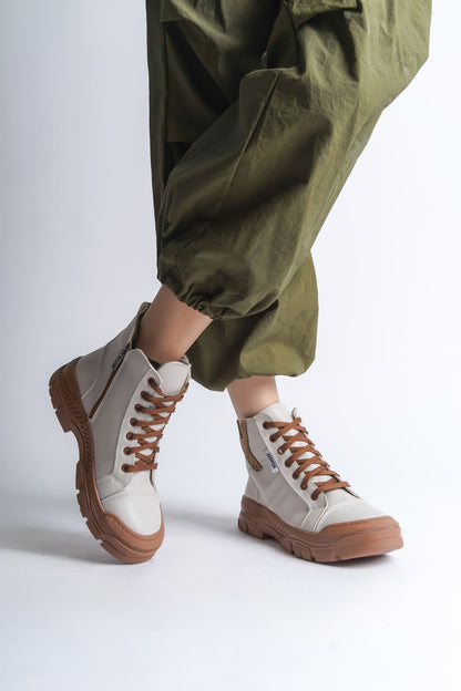 AMBER Lace-Up Zippered Orthopedic Sole Women's Boots - Cream Tan