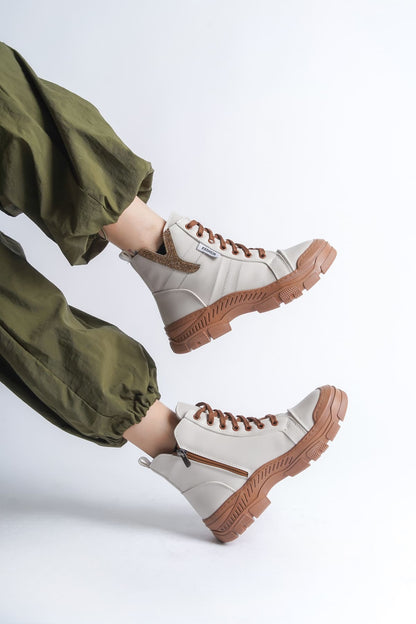 AMBER Lace-Up Zippered Orthopedic Sole Women's Boots - Cream Tan